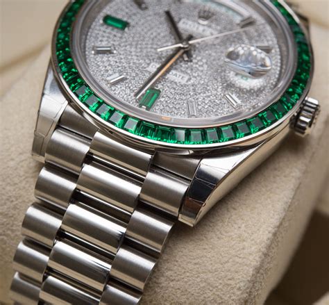 rolex day date platinum green emerald bezel|rolex diamond dial.